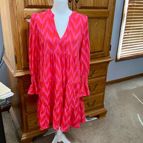 Pomander Place Tuckernuck Hot Pink Ikat Kenzo Mini Dress LS Ruffled Sz Medium - Picture 1 of 15